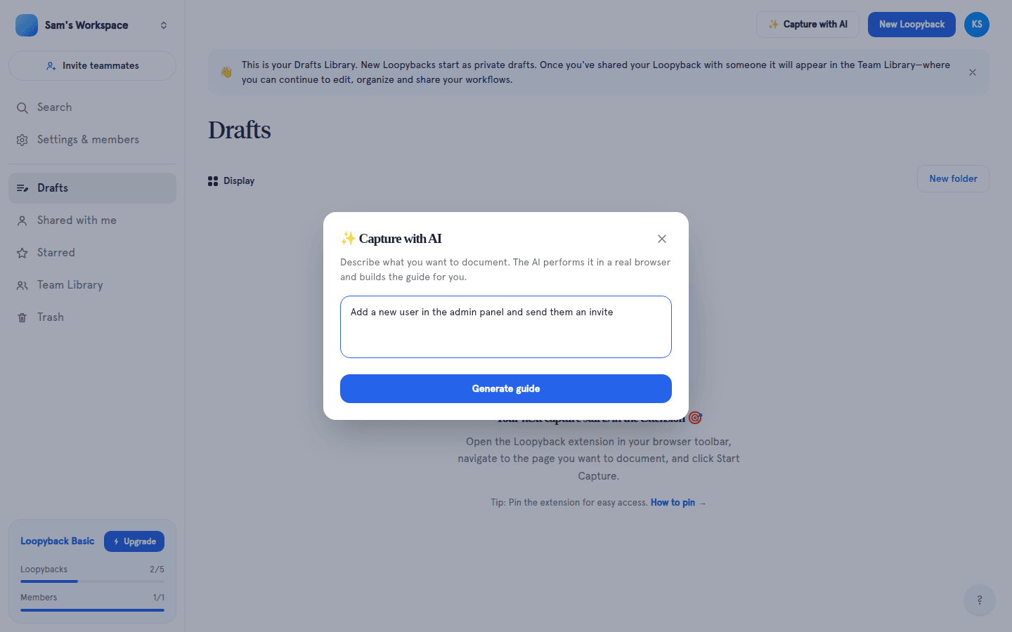 Generating a Loopyback guide from a plain-English prompt with AI